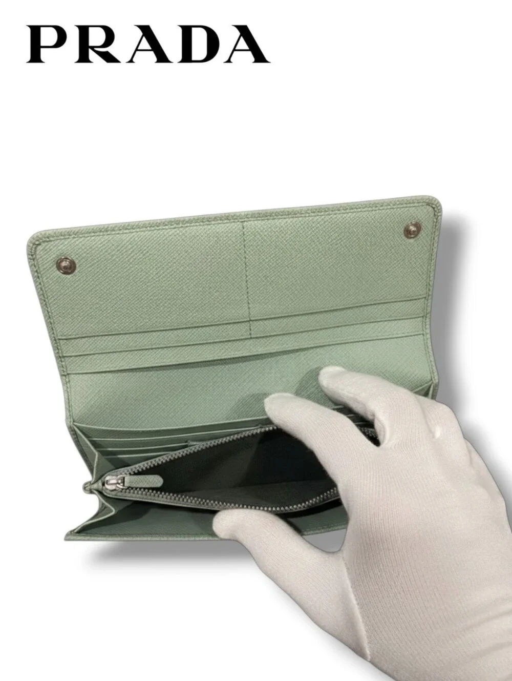 PRADA Fiocco Bow Saffiano Leather Long Wallet Green Foldover Clutch Flap Italy